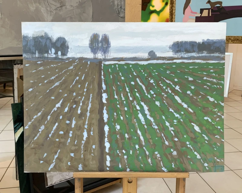 Mikołaj Malesza, Pejzaż. Chlewiska, akryl na kartonie