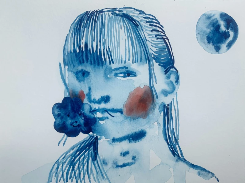 Hanna Ilczyszyn - Dziewczynka z kwiatem
Współczesny rysunek malowany akwarelami na papierze, autorstwa polskiej artystki Hanny Ilczyszyn
Ryunek przedstawia portret dziewczynki z kwiatem, utrzymany jest w niebieskiej i różowej barwie