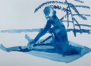Hanna Ilczyszyn - Upał
Współczesny rysunek malowany akwarelą na papierze autorstwa polskiej artystki Hanny Ilczyszyn
Rysunek przedstawia postać kobiecą siedzącą na kocu pod palmą
Praca jest monochromatyczna niebieska