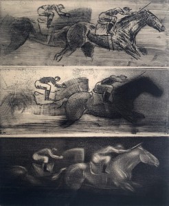 Paweł Zabłocki, Three sketches for new runs
Współczesna grafika wykonana w technice akwaforty autorstwa polskiego grafika Pawła Zabłockiego
Dzieło jest mnochromatyczne, ukazuje trzy przedstawienia jazdy konnej