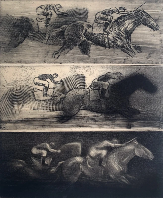Paweł Zabłocki, Three sketches for new runs
Współczesna grafika wykonana w technice akwaforty autorstwa polskiego grafika Pawła Zabłockiego
Dzieło jest mnochromatyczne, ukazuje trzy przedstawienia jazdy konnej